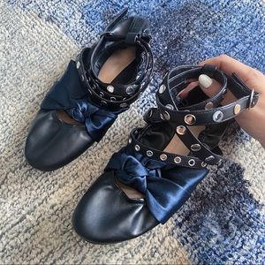 Zara Leather Ballet Flats with Studs & Satin Bow